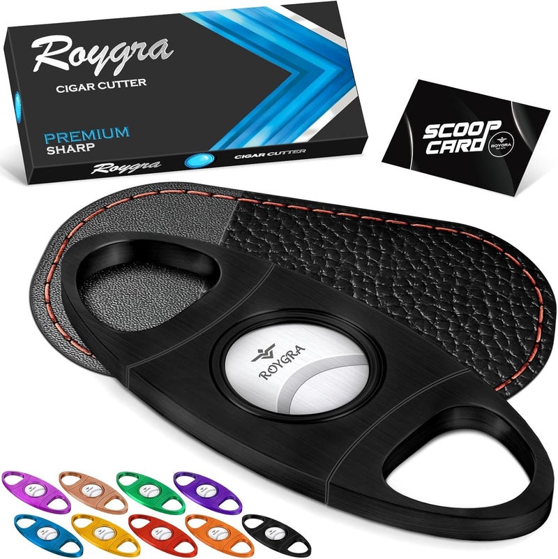 roygra Cigar Cutter with Leather Protector, Stainless Steel Double Blade Guillotine (Black) - Image 1